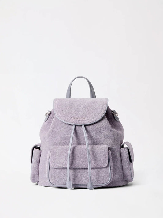 A cute toast-shaped leather backpack in warm tan with a laptop inside