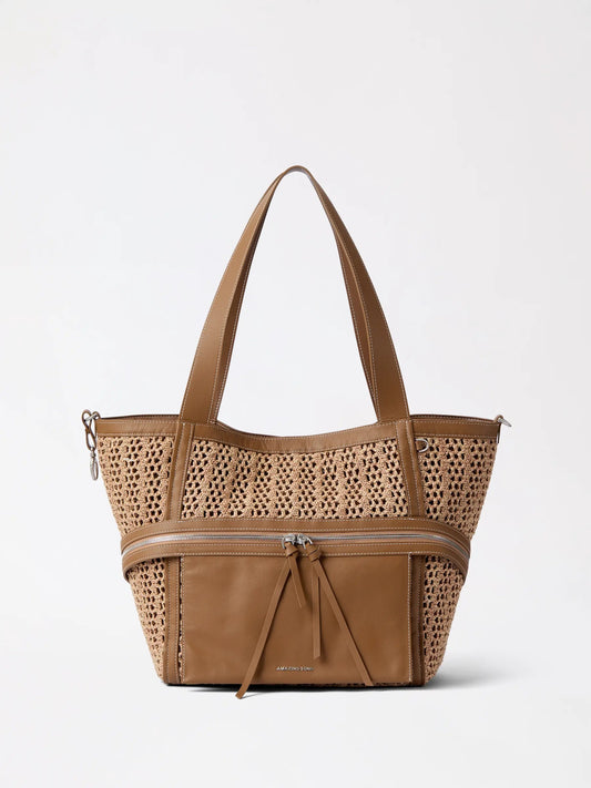 Tan woven cheese roll tote bag with leather trim and a zip front pocket